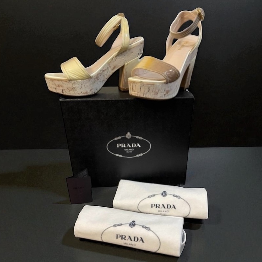 PRADA VERNICE BIANCO-QUARZO PATENT LEATHER OMBRE SANDALS SIZE 38.5 - Picture 7 of 16